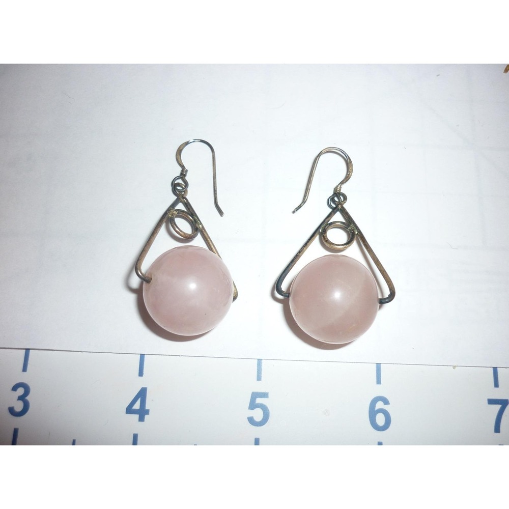 Vintage Rose Quartz Sphere Drop Earrings‎ Pink Stone Geometric Boho Silver Tone - Picture 3 of 4